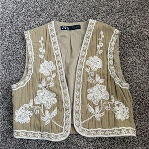 Zara Tan Vest with White Embroidery